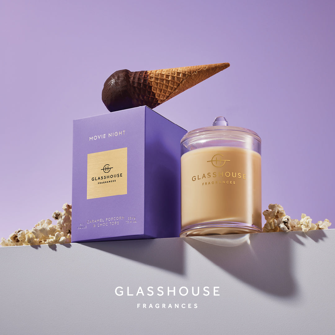 Glasshouse Fragrances Movie Night | Caramel Popcorn &amp; Choc Tops Candle 380g