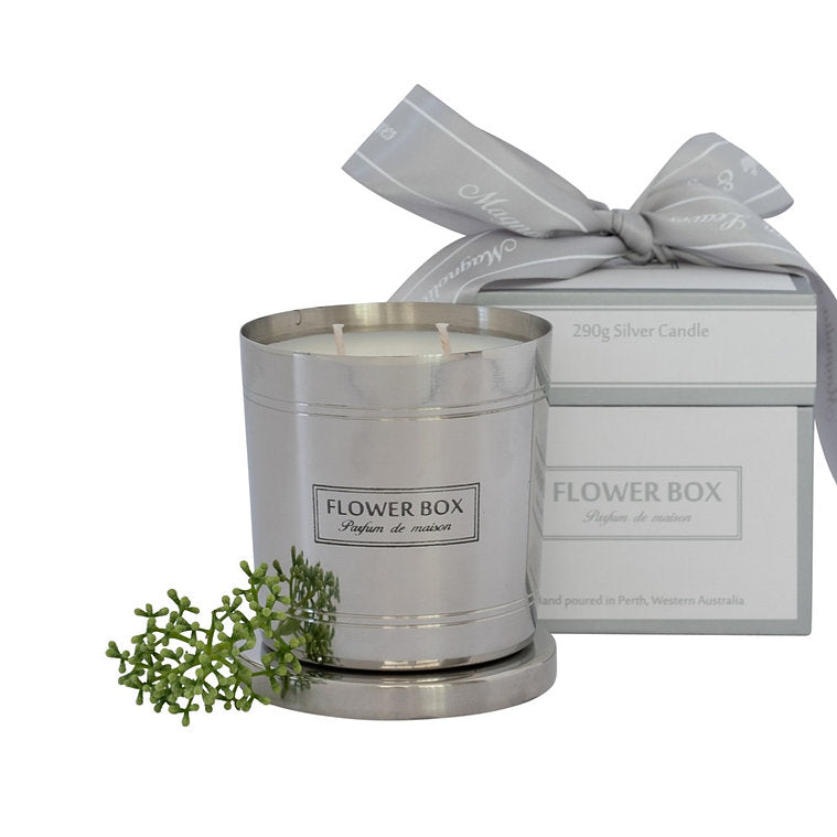 Flower Box Silver Candle 290g | Magnolia &amp; Green Leaves