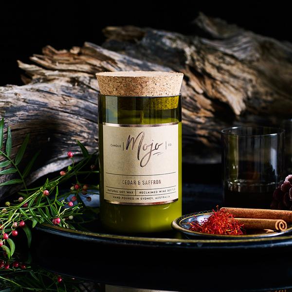 Mojo Cedar &amp; Saffron | Reclaimed Wine Bottle | Soy Wax Candle